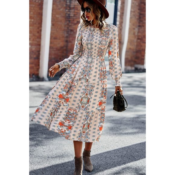 Patchwork Smocked Puff Sleeve Tiered Midi Dress - Picture 15 of 15